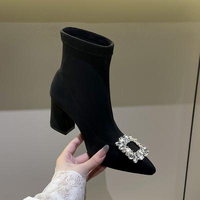 Spetsig tjock klack höst och vinter tjock klack internetkändis strass fyrkantigt spänne högklackade smala stövlar fleece elastiska sockstövlar mockasko