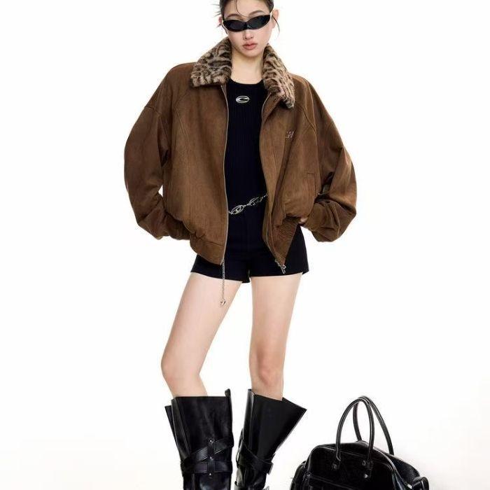 

Retro Leopard Print Patchwork Suede Jacket - Autumn 2025 American Style, Casual Loose Fit Extra Large цветной печати леопарда