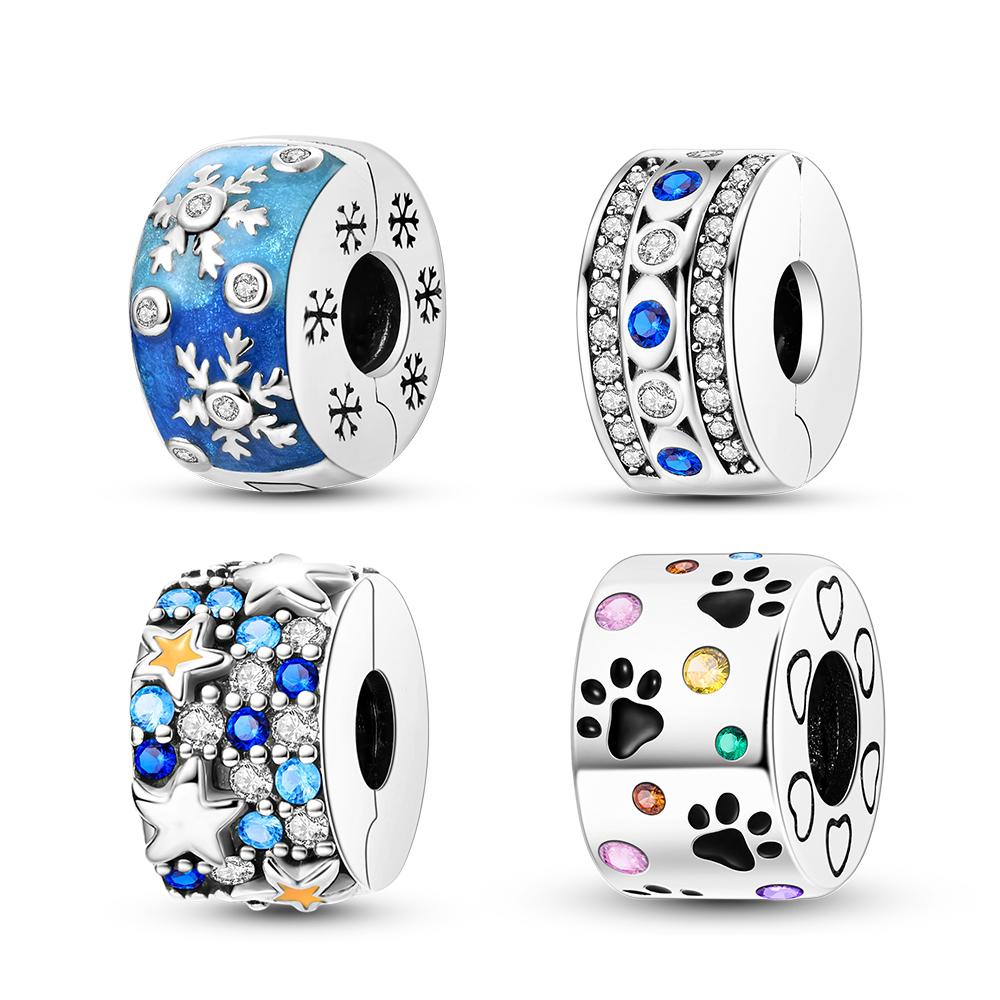 Silver Plated Clip Charm Star Pave Zircon Stopper Charms Beads Fit Bangle Bracelets Fine DIY Women Jewelry Gifts