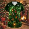 Women's Christmas Print V-Neck Short-Sleeve Work Top with Pockets and Side Slits