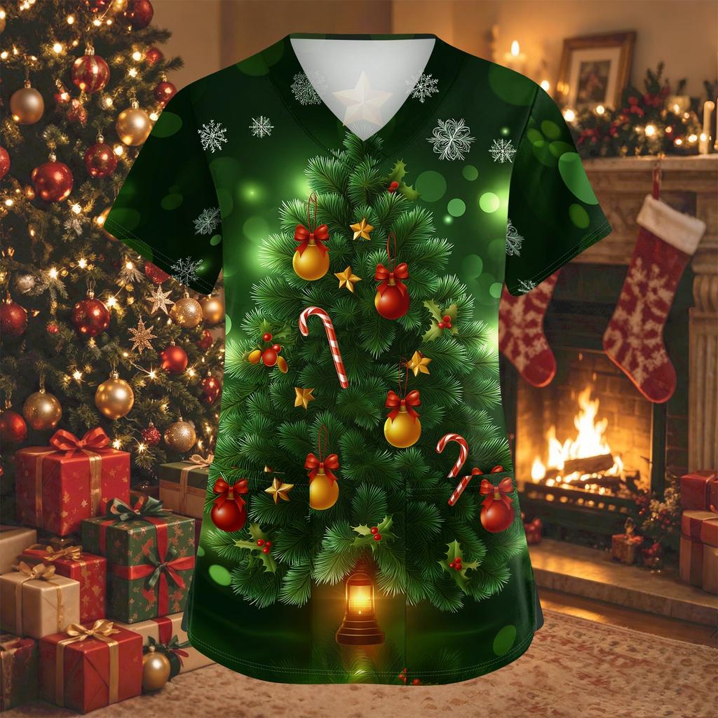 Women's Christmas Print V-Neck Short-Sleeve Work Top with Pockets and Side Slits