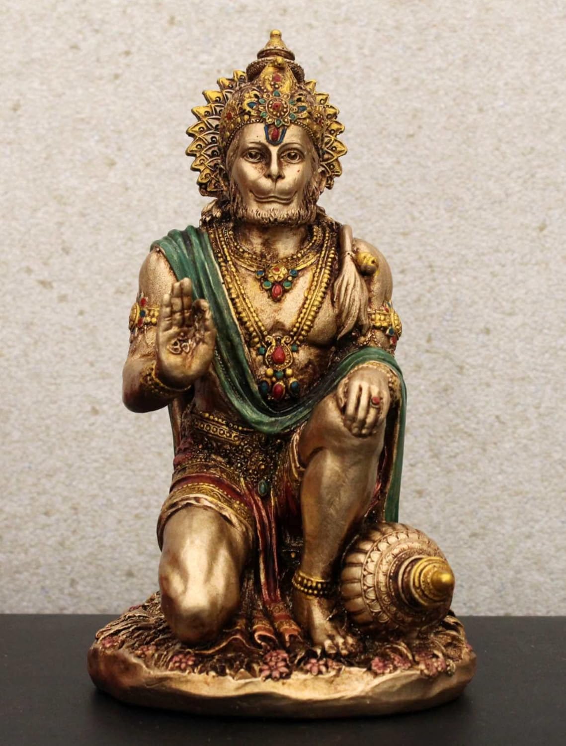 Lord Hanuman Ji Statue, Bala Ji Sitting Metal Finish Idol, Golden, Resin -7 Inch