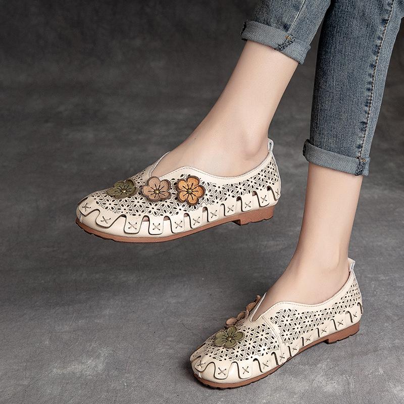 Fashion GKTINOO Women Loafers Genuine Leather Slip on Flowers Handmade Sneakers Ladies Shoes Comfy Fashion Summer Sandals Hollow Flats