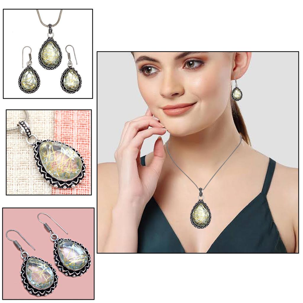 Rutile  Golden Set Earring Jewelry 18-20'' Pendant Quartz Sterling