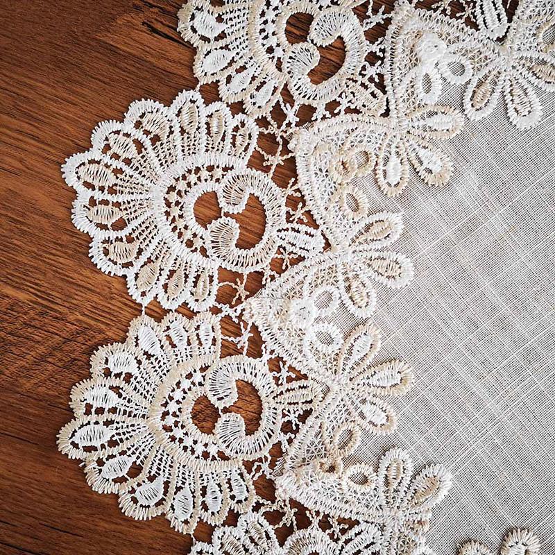 American Style modern beige linen lace embroidered edge round small tablecloth Coaster tea set vase scratch-proof table surface mat
