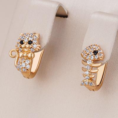 Luxuriöse Niedliche Katze Fisch Ohrringe Für Mädchen Roségold Natürliche Zirkonia Stecker Kinder Baby Weihnachtsgeschenke Tierschmuck