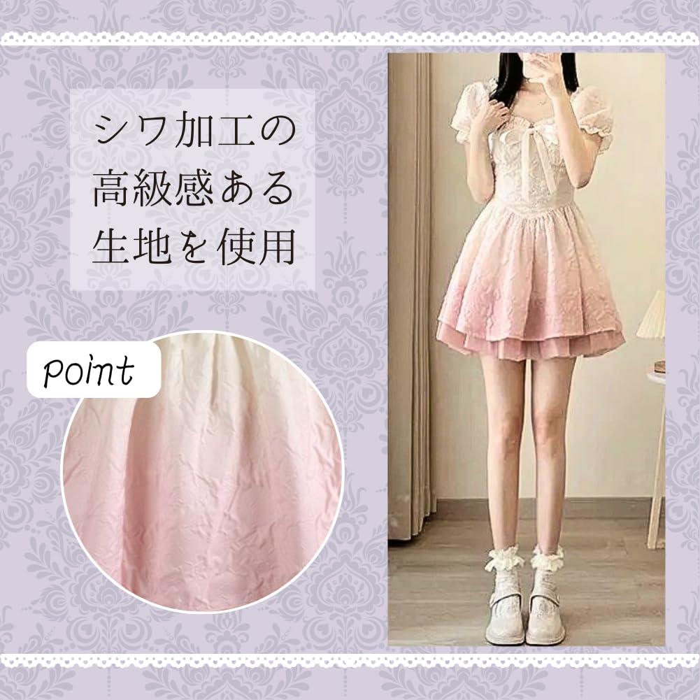 ALVEIN Lolita Minikleid mit Puff-Farbverlauf Cosplay Dienstmädchen Größe Damen Band, Rüschen, Ärmel, Druck, (Rosa, M)