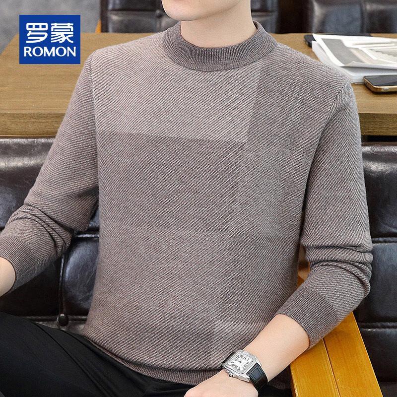 ROMON Men's Thickened 100% Pure Wool Colorblock Half-High Collar Sweater
