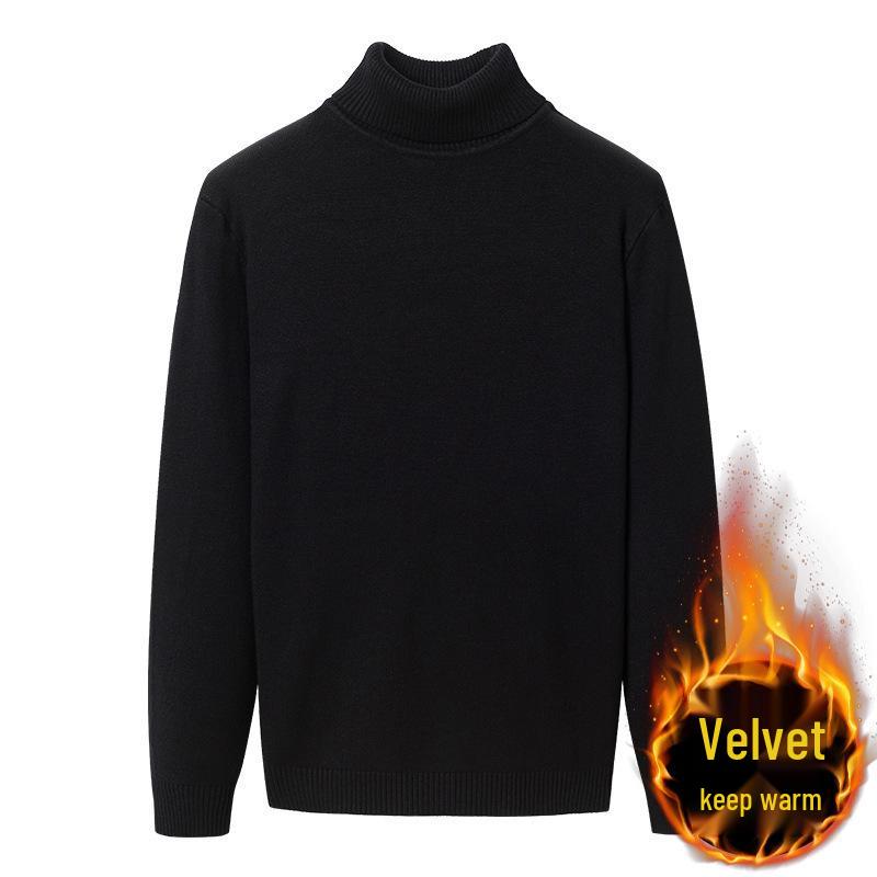 Men's Ribbed Wool High-Neck Sweater with Fleece, Warm Knitted Long Collar for Autumn and Winter