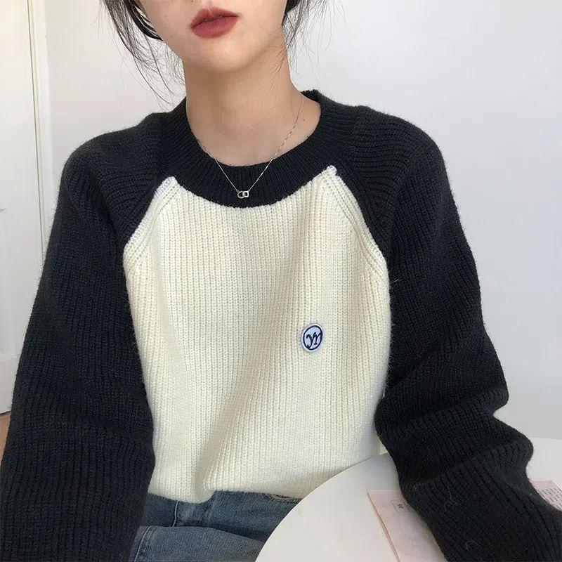 

Женский свитер с круглым вырезом и рукавами реглан в стиле колор-блок, свободная верхняя одежда, утолщенный топ с длинным рукавом, универсальный трикотаж для осени и зимы 2XL