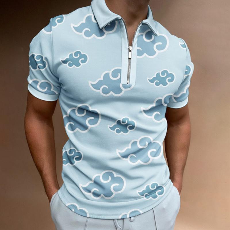 Summer Men's Casual Striped Houndstooth Digital Print T-Shirt Zipper Polo Shirt