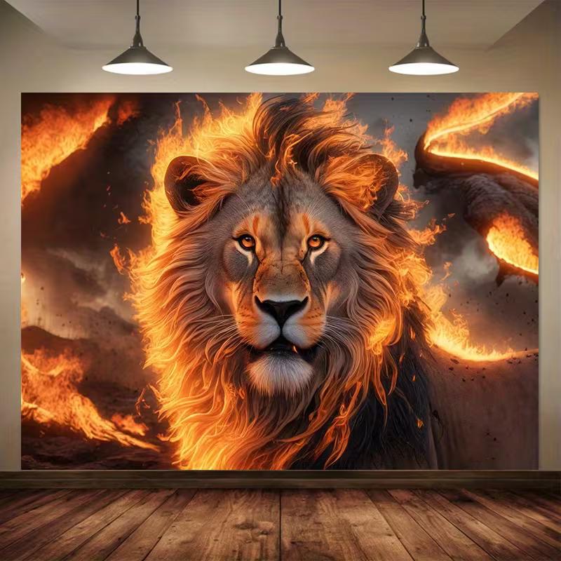 2D Burning Lion Tapestry King of the Jungle Aesthetic Wall Decor