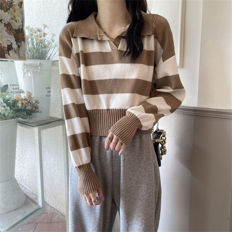 

Полосатый свитер с воротником поло, женский корейский вариант, свободный дизайн, укороченный вязаный топ с длинными рукавами и нишей XL