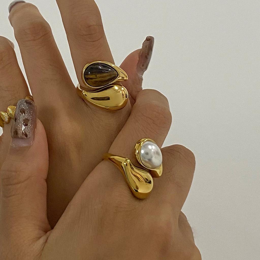 Youthway Vintage Statement Gold Plated Stainless Steel Natural Stone Imitation Pearl Smooth Ring For Unisex Fashion Jewelry New