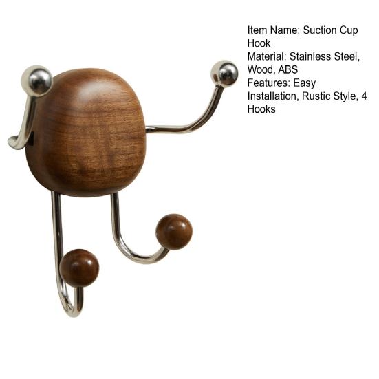 Rustikaler Saugnapfhaken 4 Haken Wandmontierter Organizer Kleiderbügel Holz-Kleiderbügel mit Edelstahlhaken für Eingangsbereich Schlafzimmer zu Hause