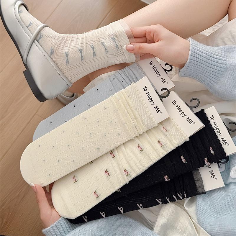 Female Spring and Summer Thin Floral Bow Lace Polka Dot Boneless Tube Pile Socks