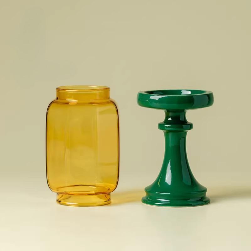 

Contrast Color Windproof Candle Holder Ceramic Base with Amber Glass Shade for Home Desktop Romantic Dinner Party Decor Gift