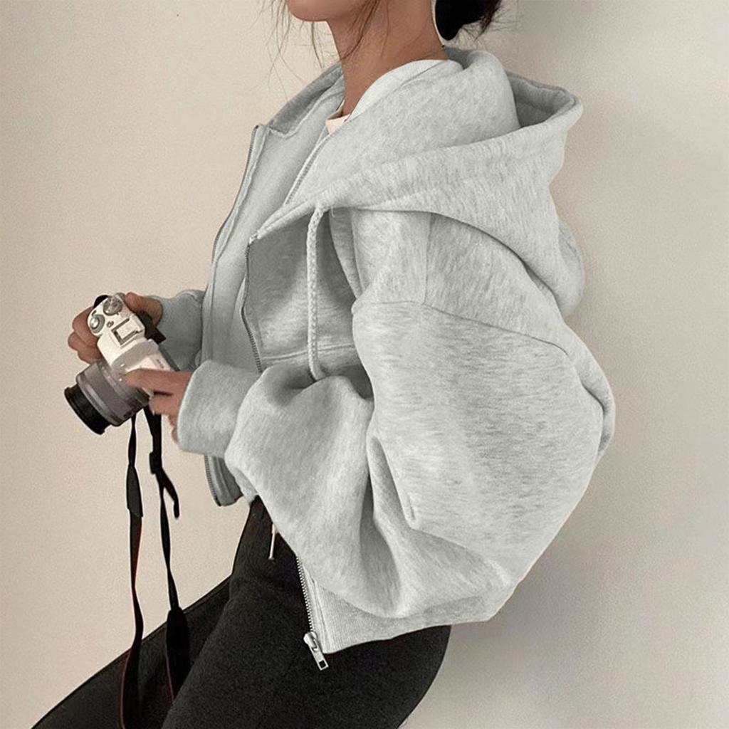Women's Fleece Lined Casual Short Zip Up Hoodie with Hood Slim Fit Lightweight Warm Solid Color Sweatshirt for Outdoor and Indoor