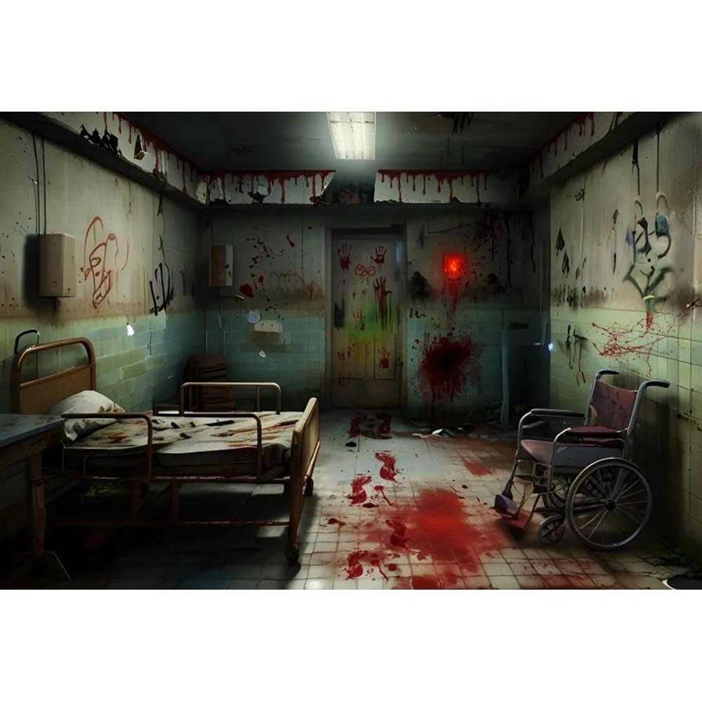 Halloween Zombie Hospital Backdrop Mutant Doctor Patient Horror Scene Emergency Room Warning Signs Wheelchair Props Background Vinyl 75X50cm