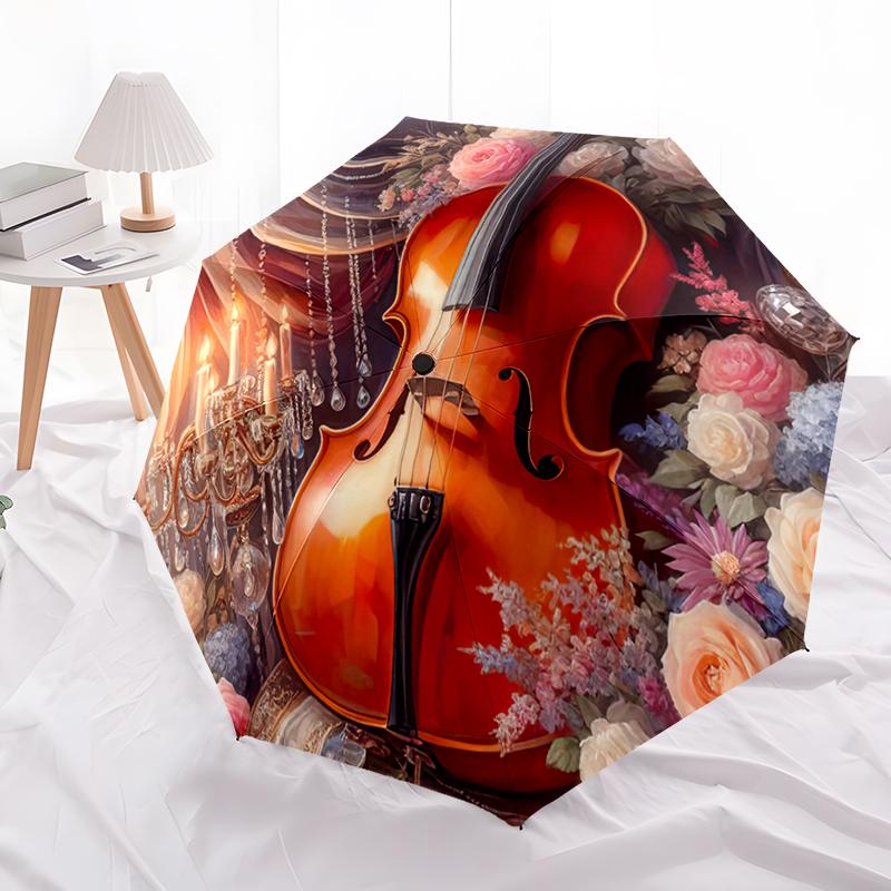 1pc Music Theme Pattern Umbrella Portable Folding Umbrella Iron Frame Hole Bone Structure Outdoor Home Umbrella