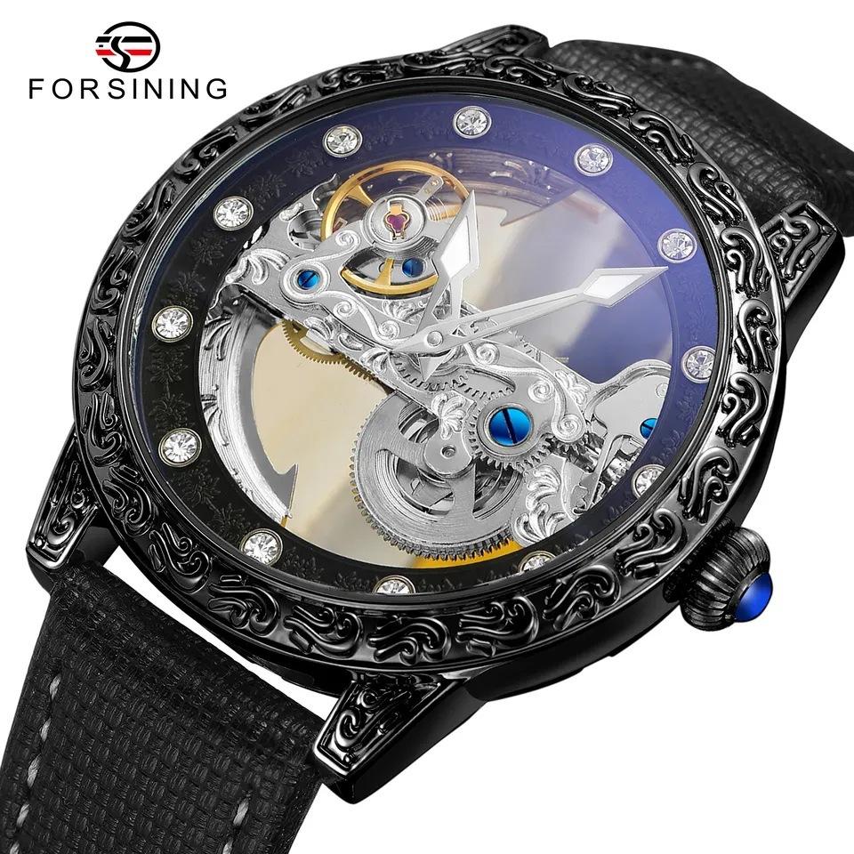 FORSINING Brand Automatic Silver Luminous Self-Wind Skeleton Design Luxury Men Leather Watches Steel Mechanical Watches