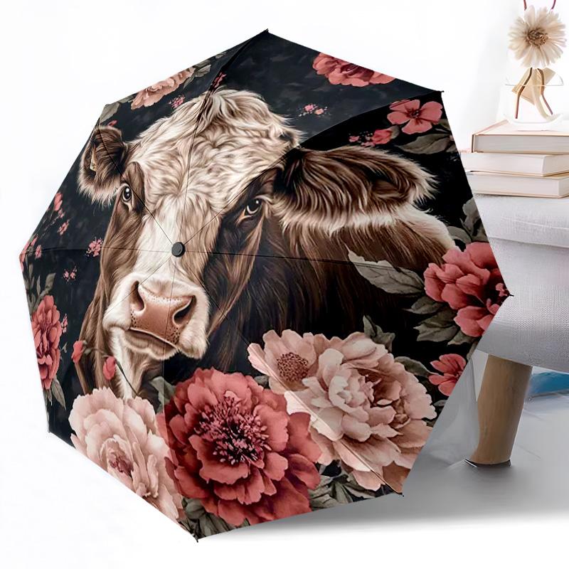 Cows in Flower Field Outdoor Automatic Umbrella Retractable Design with 8-Rib Durability Lightweight Perfect Gift for Friends Family