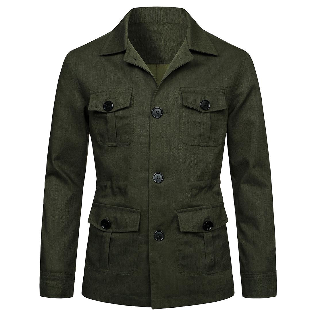 2023 Spring Lapel Multi-pocket Men s Casual Linen Workwear Jacket YJ201 5XL армия зеленый