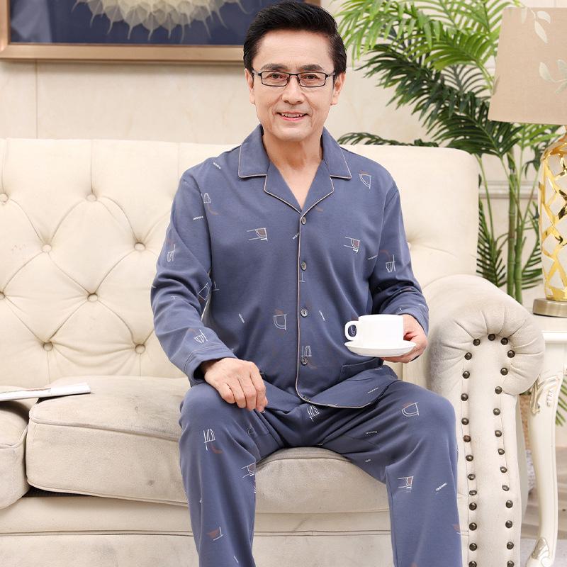 Men's Plus Size Cotton Pajama Set - Long-Sleeved, Ideal for Middle-Aged & Elderly, Spring to Winter Wear