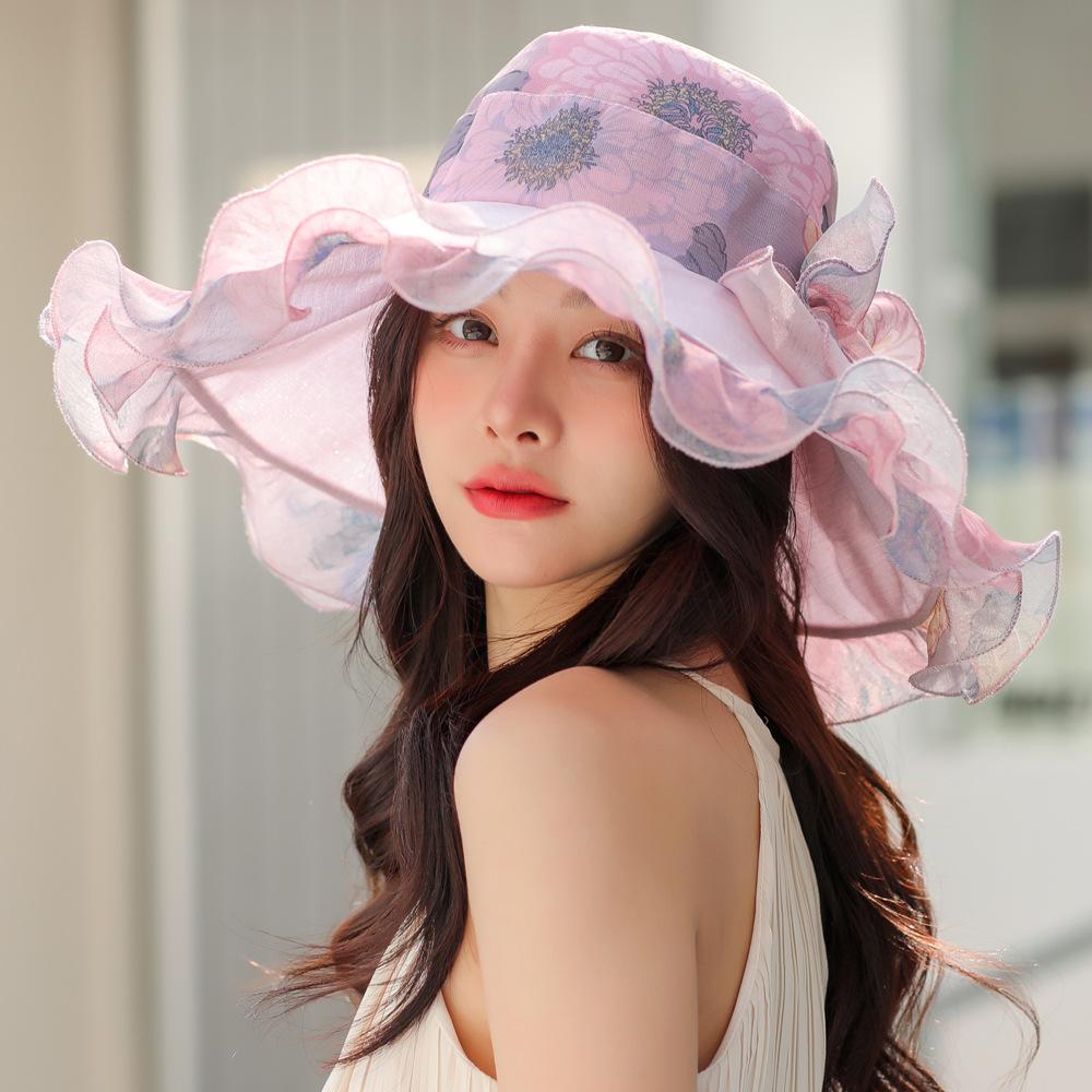 Big eaves lace sunshade women's spring and summer travel mesh yarn hat sunscreen elegant organza breathable folding sun hat