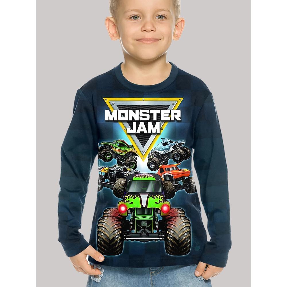 Children's Truck 3D Digital Printed Boy's Fun and Fashionable Round Neck Long Sleeved T-shirt