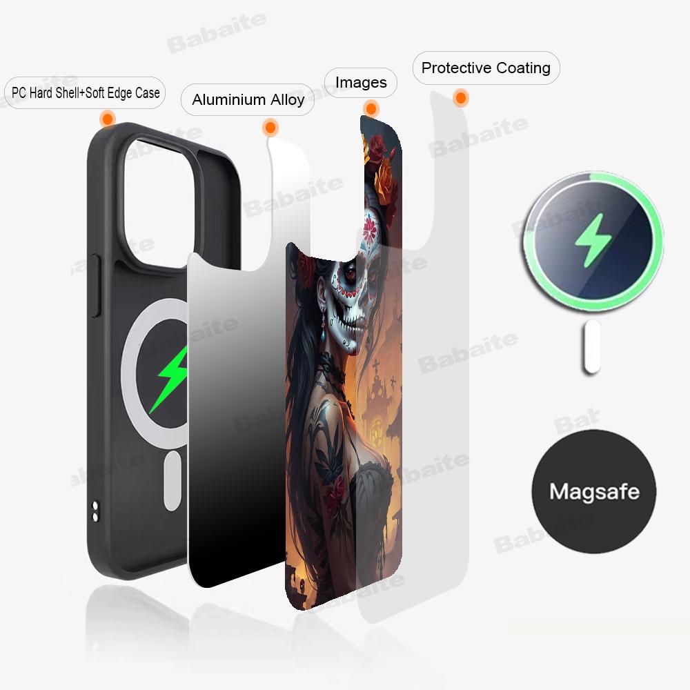 Catrina Beautiful Rose Girl Skull Phone Magnetic Case For IPhone 16 14 13 12 11 15 ProMax Plus For Magsafe Wireless Charge Cover