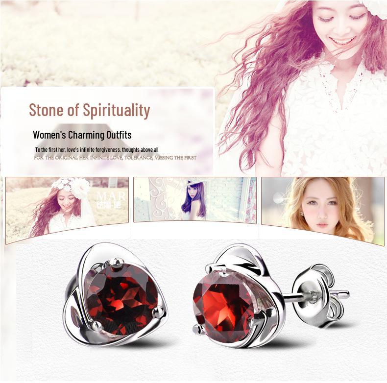 Sterling Silver Garnet Red Heart Stud Earrings - Korean Style