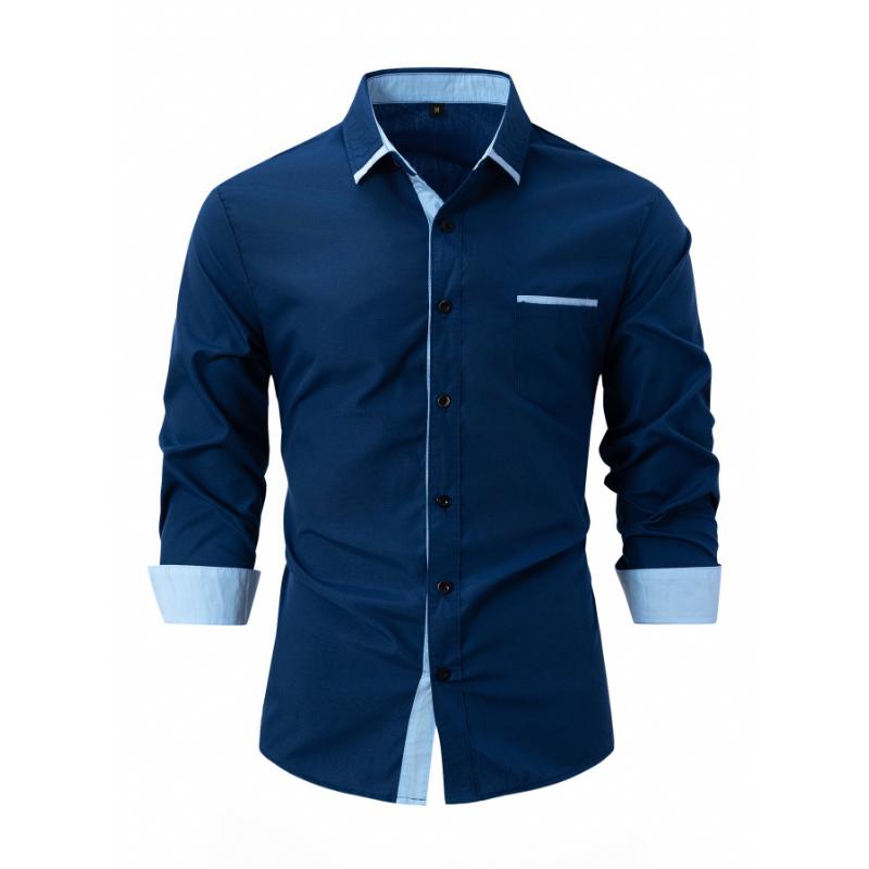 Men Contrast Black Trim Pocket Full Button Long Sleeve White Dress Shirt