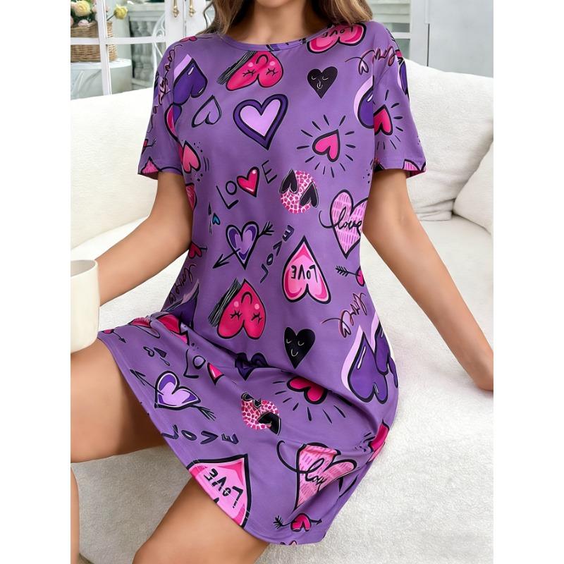 New - Heart-shaped Letter Print Round Neck Short Sleeve T-shirt Pajamas