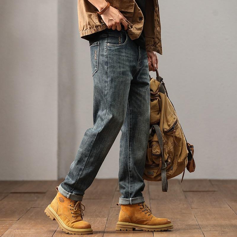 Jeans Men's Elastic Small Straight Embroidery Retro Middle Waist Large Youth Japanese Loose