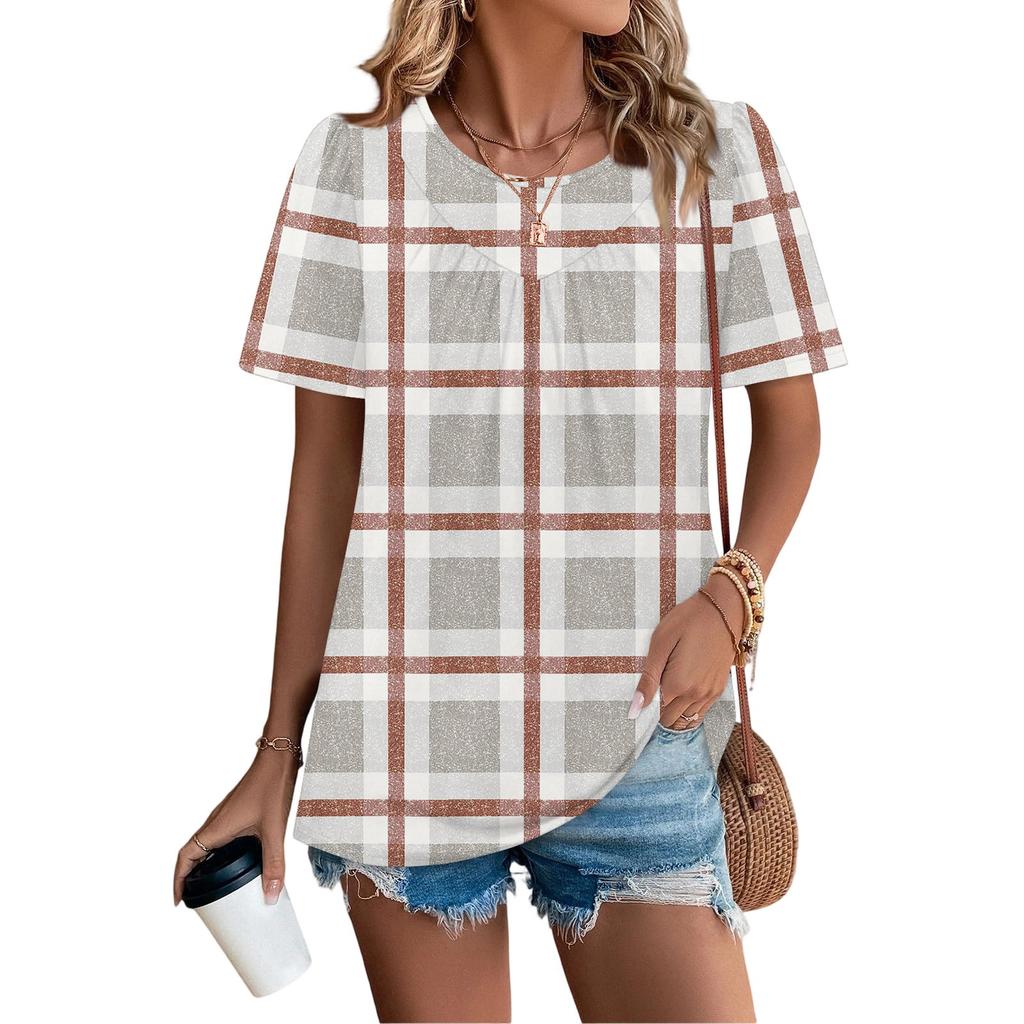Damen Casual Mode Rundhals Kariert Bedruckt Plissiert Kurzarm T-Shirt Top