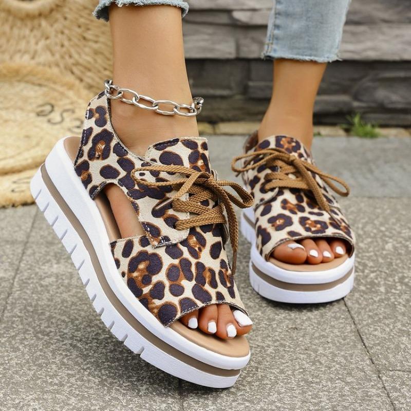 

Спортивные сандалии большого размера женские летние новые спортивные сандалии на платформе со шнуровкой сандалии 43 цветной печати леопарда
