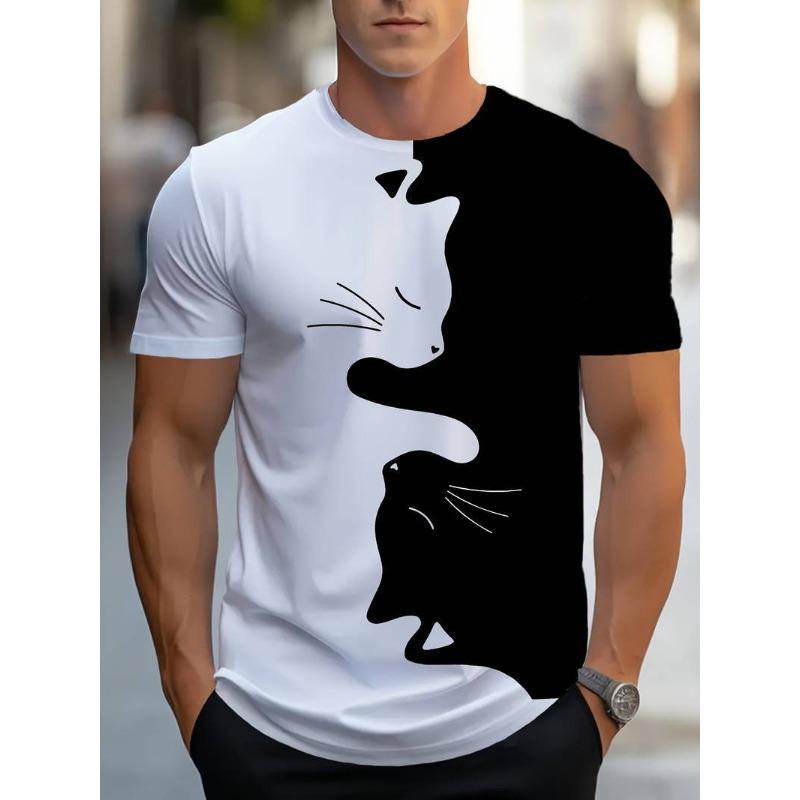 3D Cat Animal Pattern Short Sleeved T-shirt for Summer, Breathable and Sweat Proof Top Men's T-shirts