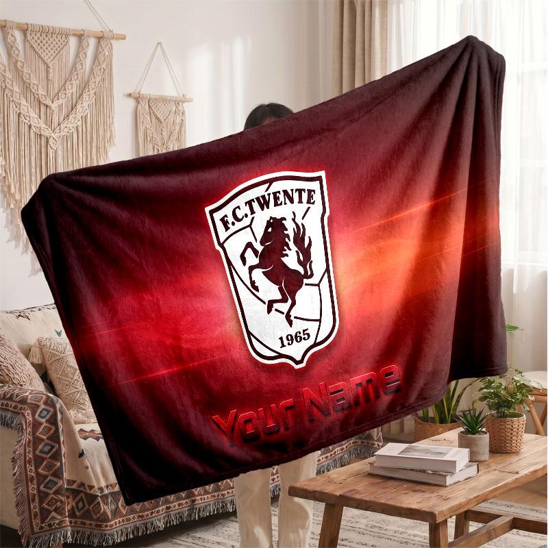 Couverture polaire personnalisée FC Twente avec logo de football, texte de nom personnalisé, couverture d'appoint douce et chaude pour la maison