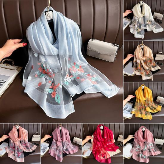 Faux Silk Scarf with Beading Embroidered Crabapple Flower Design Women Versatile Shawl Comfortable Imitation Silk Scarf