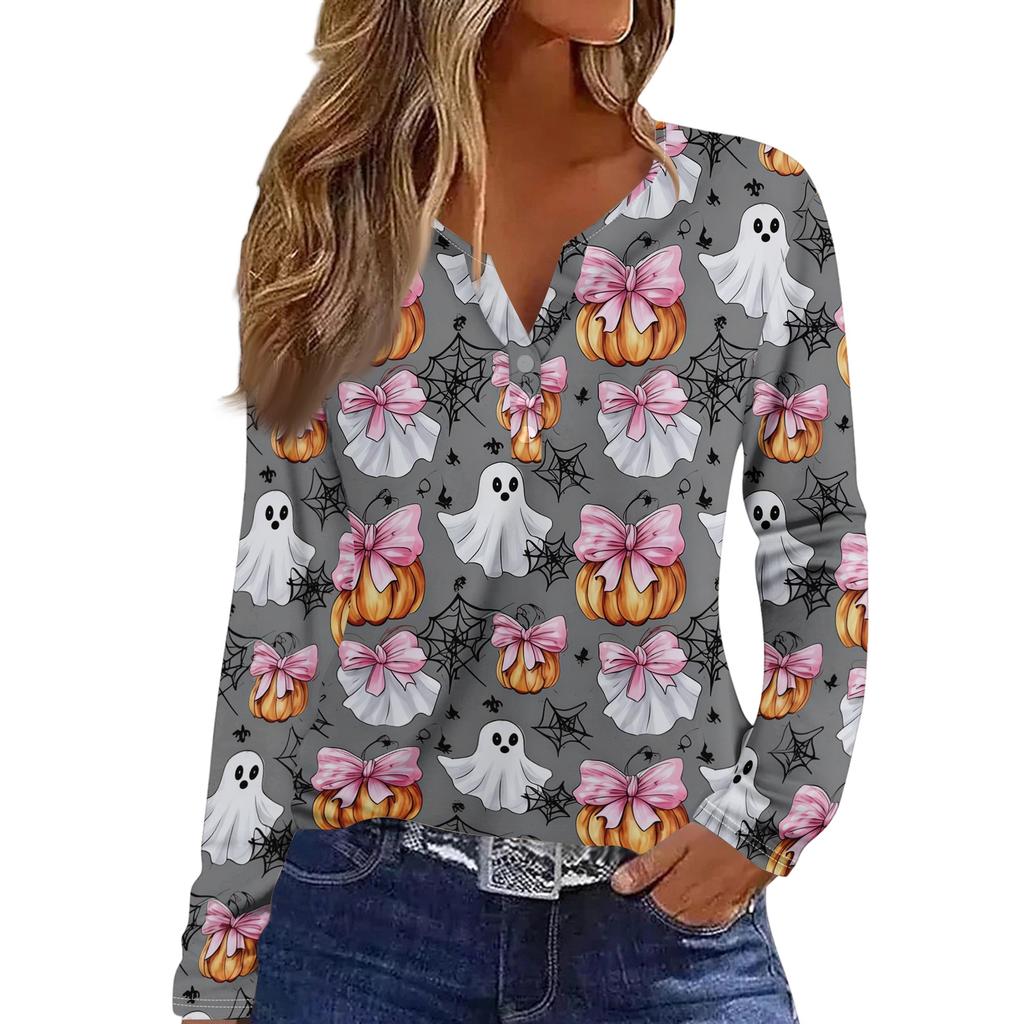 Haut T-shirt Décontracté Mode Femme Imprimé Halloween Col en V Bouton Bordure Manches Longues