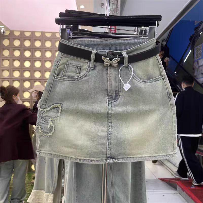 

2024 Summer Butterfly Applique A-Line Denim Midi Skirt for Women M