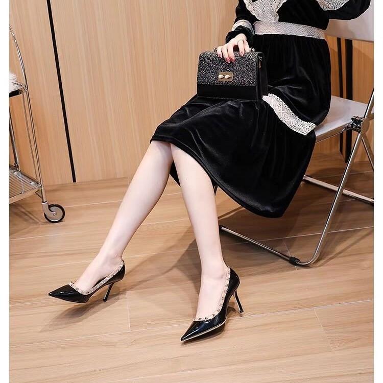 Fashion 2025 Popular Pointed Toe Patent Leather Rivet Stud High Heels Shoes Banquet Party WeddingShoes Nightclub High Heels Women Shoes