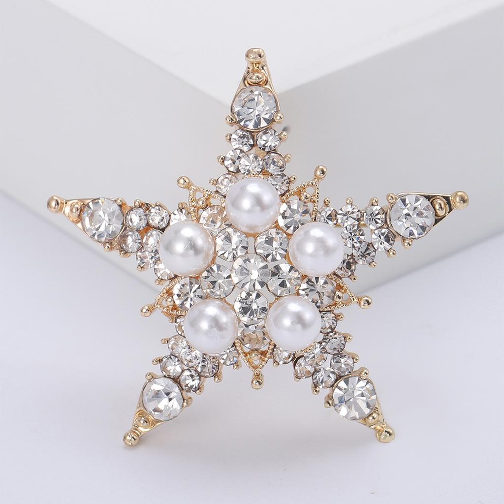 Rhinestone Pentagram Pins for Women Unisex Pearl Star Brooches Event Party Backpack Decoration Clothes Accessories