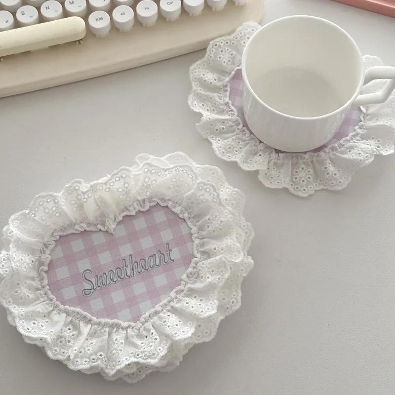 Heart Shaped Lace Coasters Sweetheart Plaid Cup Mats Multi Purpose Drink Coaster Tableware Decoration Kitchens Accessories Gifts