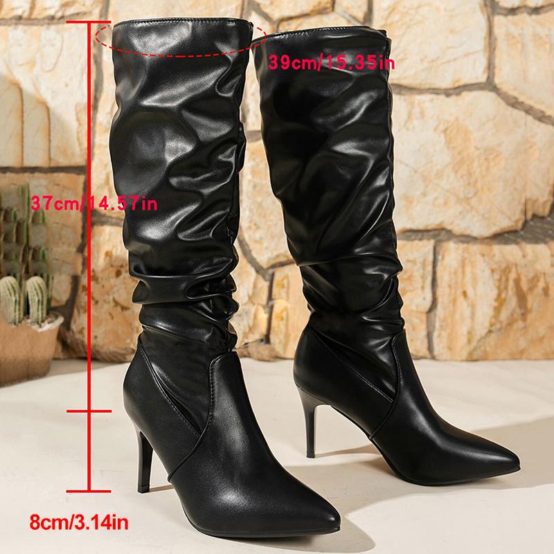 Fashion Pleated Design Stiletto Heels Long Boots Women Fashion Point Toe Knee High Boots Woman Autumn Winter PU Leather Botas Mujer 2025