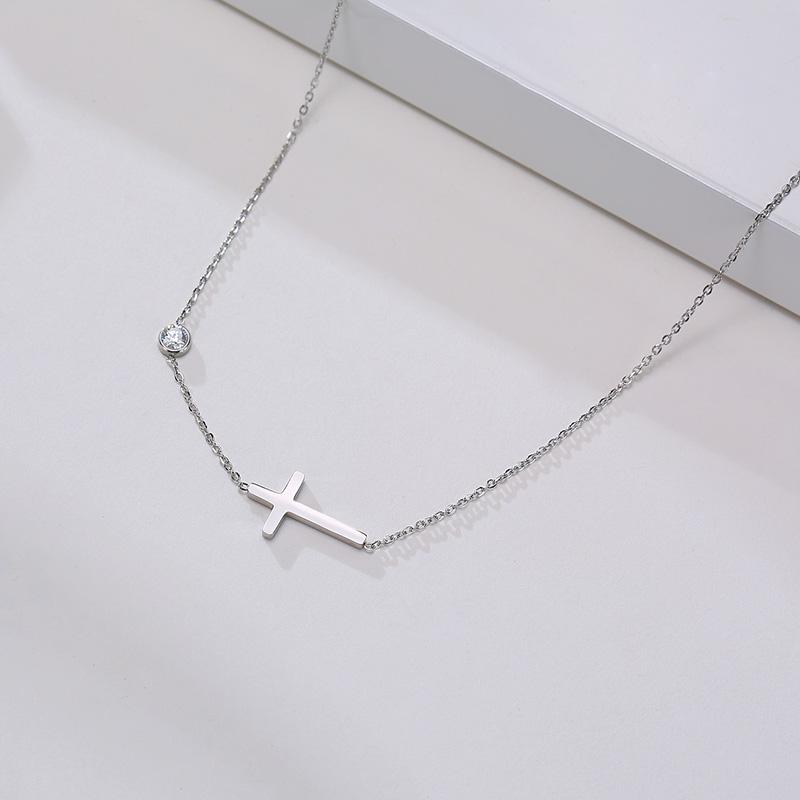 

Stainless Steel Sideways Cross Necklace for Women, Adjustable CZ Chain Necklace Pendant