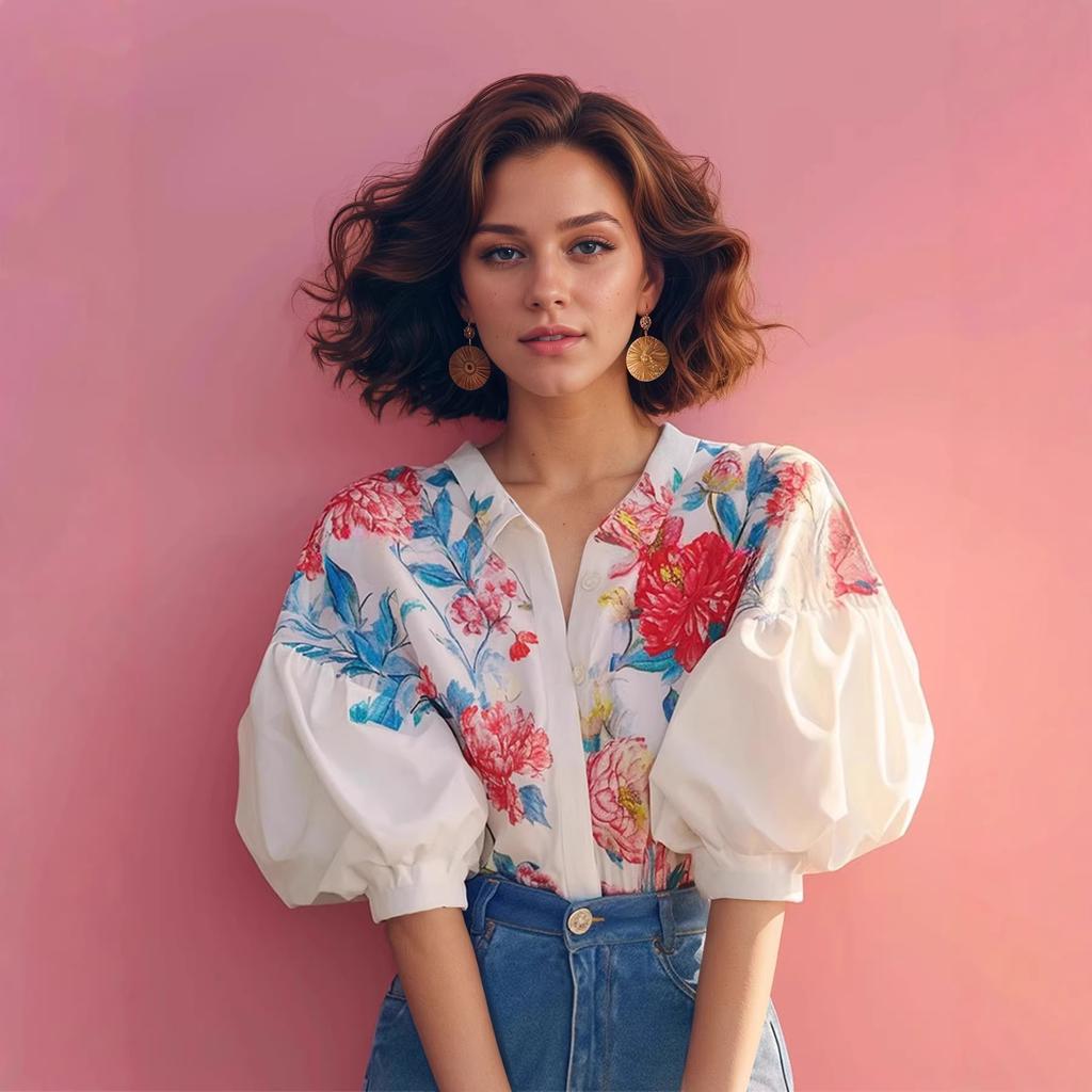 Chemise imprimée française pour femme été manches lanterne ample réduction d'âge chemise de vacances style peinture à l'huile rétro top floral à manches courtes