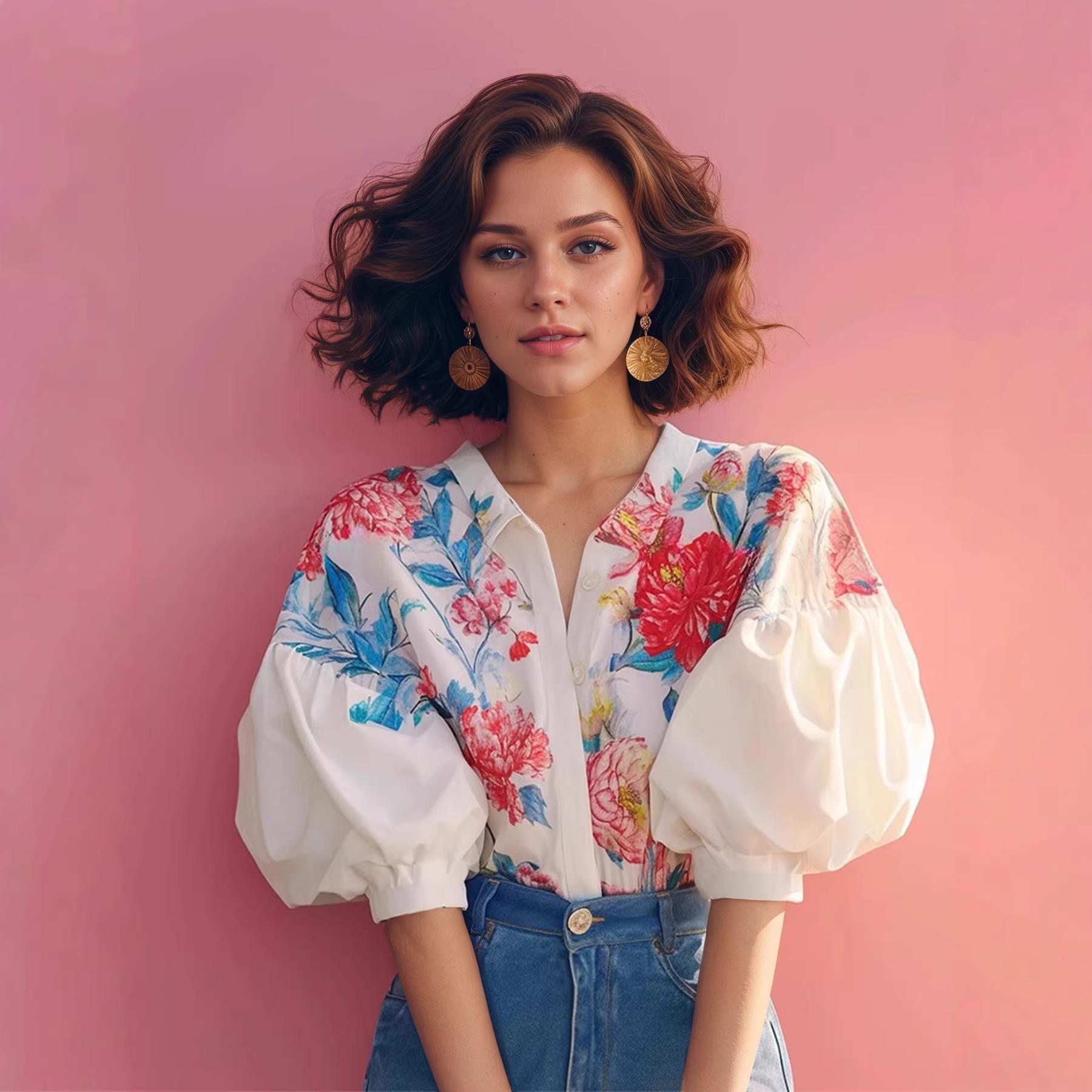 French print shirt women s summer lantern sleeves loose age-reducing vacation shirt retro oil painting style floral short-sleeved top XS белый