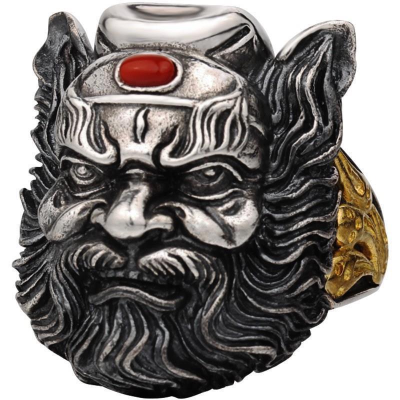 Adjustable Open Ring Men Women Vintage Chinese Folk Art Zhong Kui Demon Hunter Statement Copper Electroplated